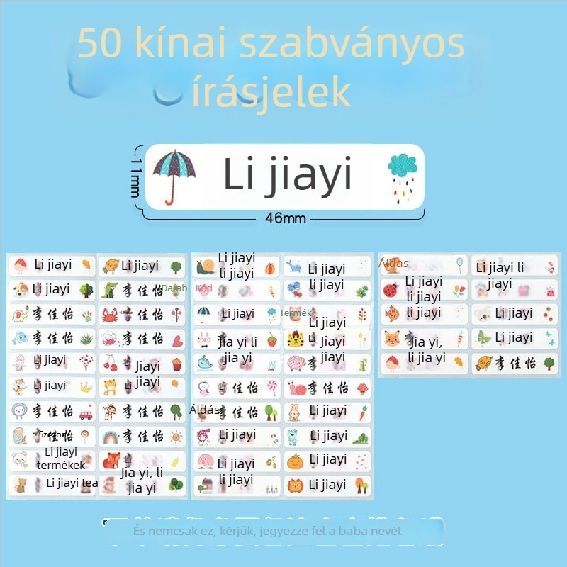 Óvoda- és általános iskolai névtáblák, rajzfilmszerű dizájn, átlátszó öntapadós, vízálló kézírással ellátott címkék, méret 11x46 mm