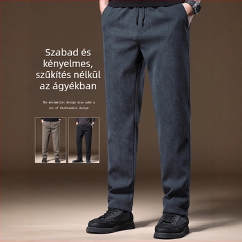 Férfi corduroy casual nadrág, vastag és meleg, őszi-téli szezonra, laza szabású, egyenes szárú, középmagas derék, zsinóros zárás és öv