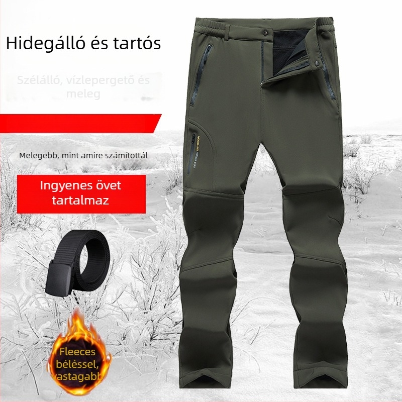 6819 Férfi téli kültéri nadrág fleece-béléssel, hosszú szabású, egyenes szár, magas derék, vastag, sportos-napi viselet