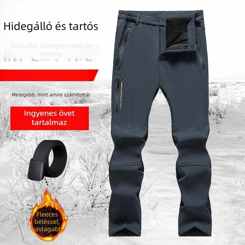 6819 Férfi téli kültéri nadrág fleece-béléssel, hosszú szabású, egyenes szár, magas derék, vastag, sportos-napi viselet