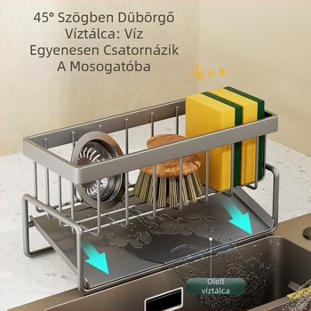 Szénacélból készült, téglalap alakú konyhai tárolóállvány csepegtető tálcával és szivacs tartóval, a munkalapon használható, mozgatható, szerelést nem igényel