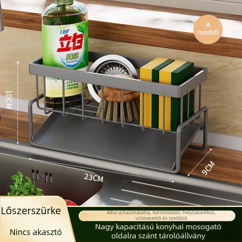 Szénacélból készült, téglalap alakú konyhai tárolóállvány csepegtető tálcával és szivacs tartóval, a munkalapon használható, mozgatható, szerelést nem igényel