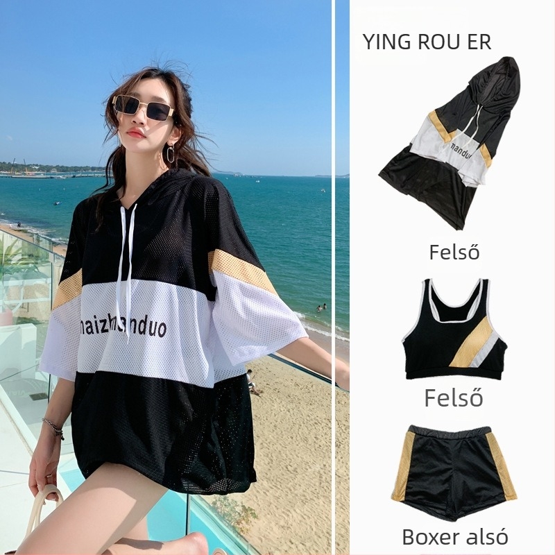 Női hosszú ujjú háromrészes fürdőruha szett, konzervat hasi fedés, Koreai stílusú spa fürdőruha