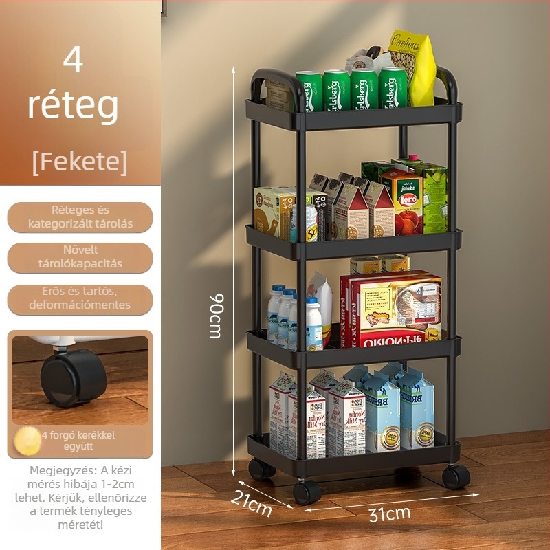 4-szintes mozgó műanyag tárolópolc – nedvességálló, padlón álló, sokoldalú a konyha, hálószoba, fürdőszoba és nappali számára