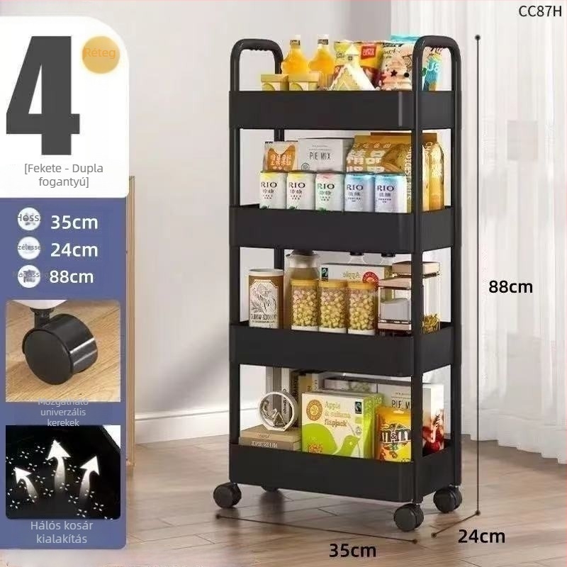 4-szintes mozgó műanyag tárolópolc – nedvességálló, padlón álló, sokoldalú a konyha, hálószoba, fürdőszoba és nappali számára