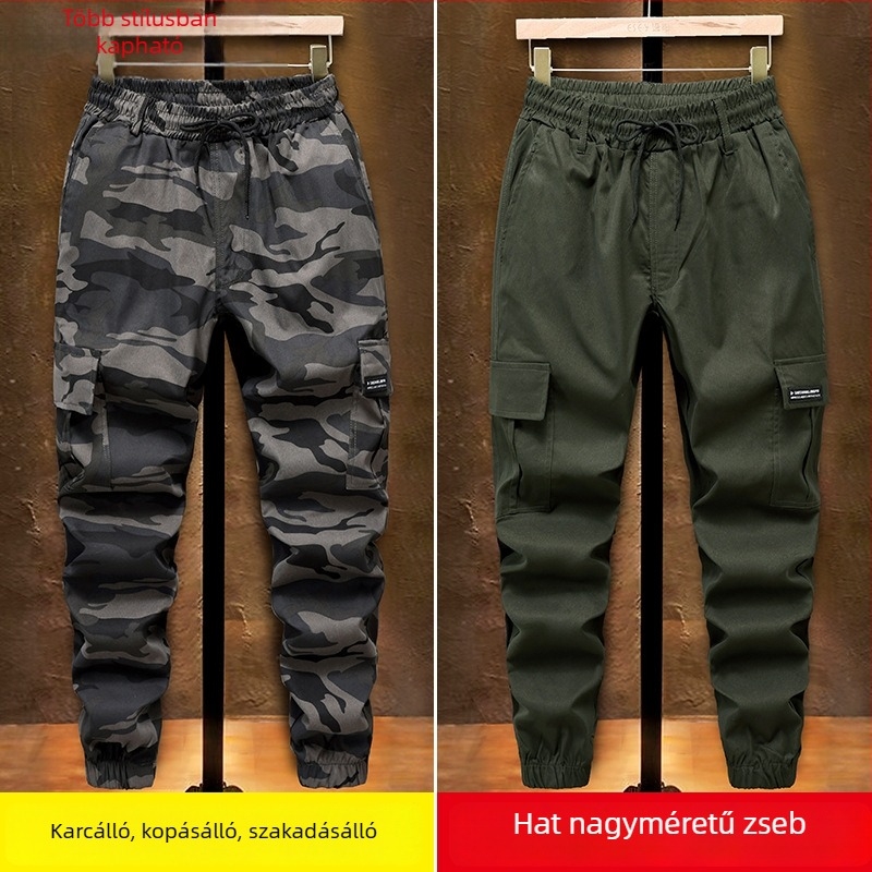 Férfiaknak szabadidős slim-fit hosszú nadrág, rugalmas anyag, több zsebbel, kamufláz mintázat, szabadtéri tevékenységekhez
