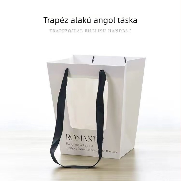 Trapéz alakú ajándéktasak kartonból, átlátszó ablakkal, logónyomtatási lehetőség, 10 darabos csomag