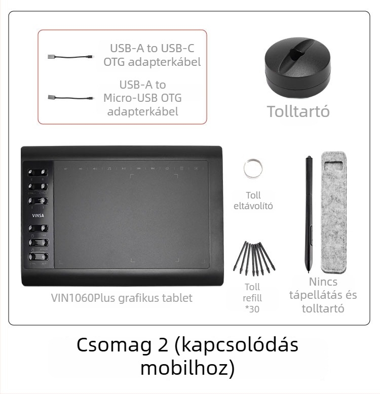 Wencai VIN1060PLUS 1060 rajztábla – USB interfész, ABS test, passzív toll (töltés nélkül), csatlakozik számítógéphez és telefonhoz, alkalmas festésre és online órákhoz