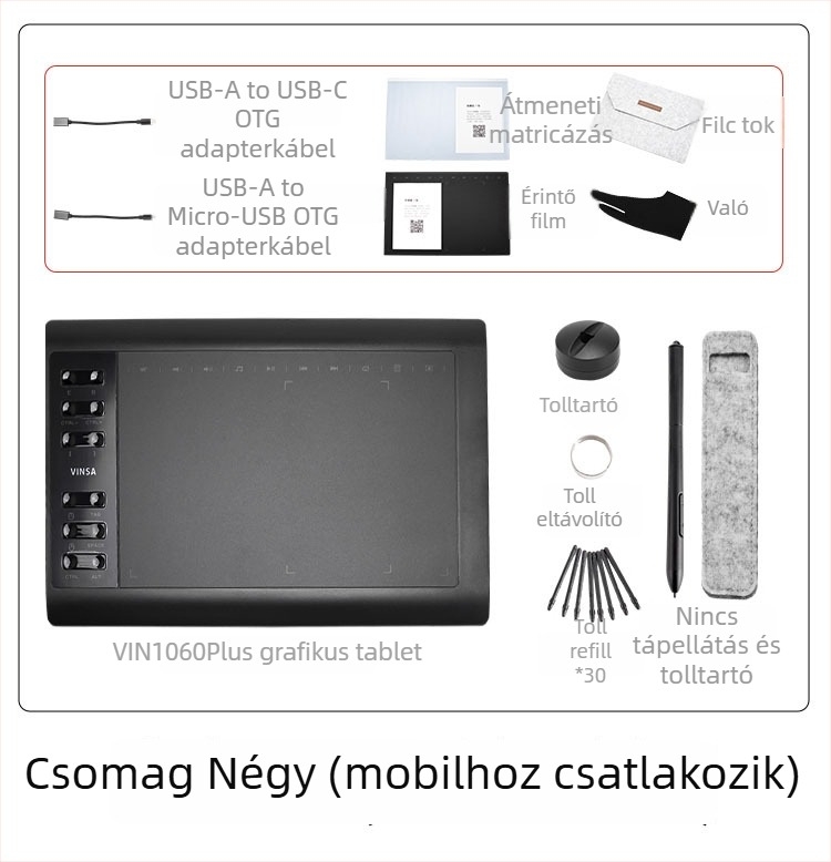 Wencai VIN1060PLUS 1060 rajztábla – USB interfész, ABS test, passzív toll (töltés nélkül), csatlakozik számítógéphez és telefonhoz, alkalmas festésre és online órákhoz