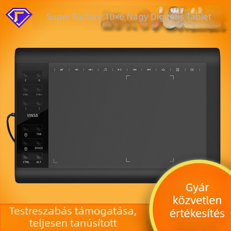 Wencai VIN1060PLUS 1060 rajztábla – USB interfész, ABS test, passzív toll (töltés nélkül), csatlakozik számítógéphez és telefonhoz, alkalmas festésre és online órákhoz