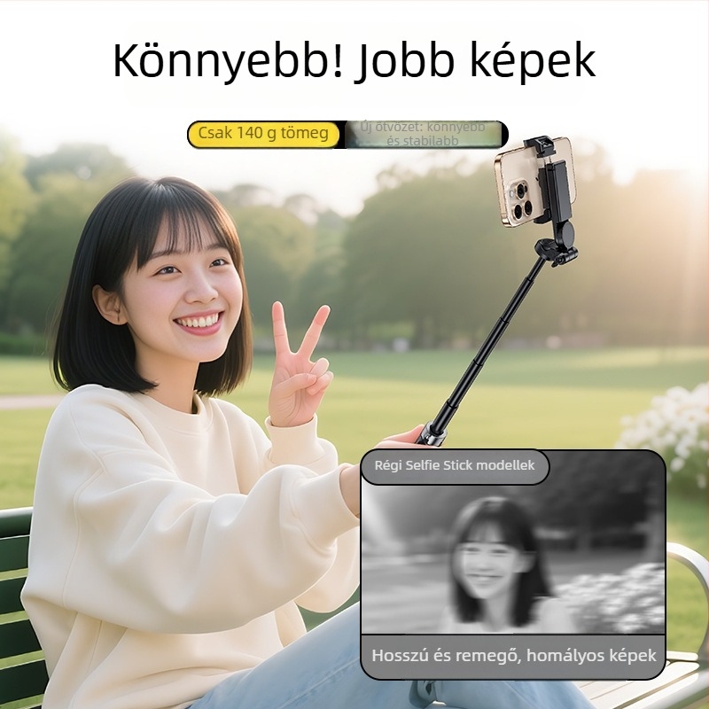 Selfie bot háromlábú állvánnyal, visszahúzható, Bluetooth, távirányítóval, ötvözetből készült, hordozható