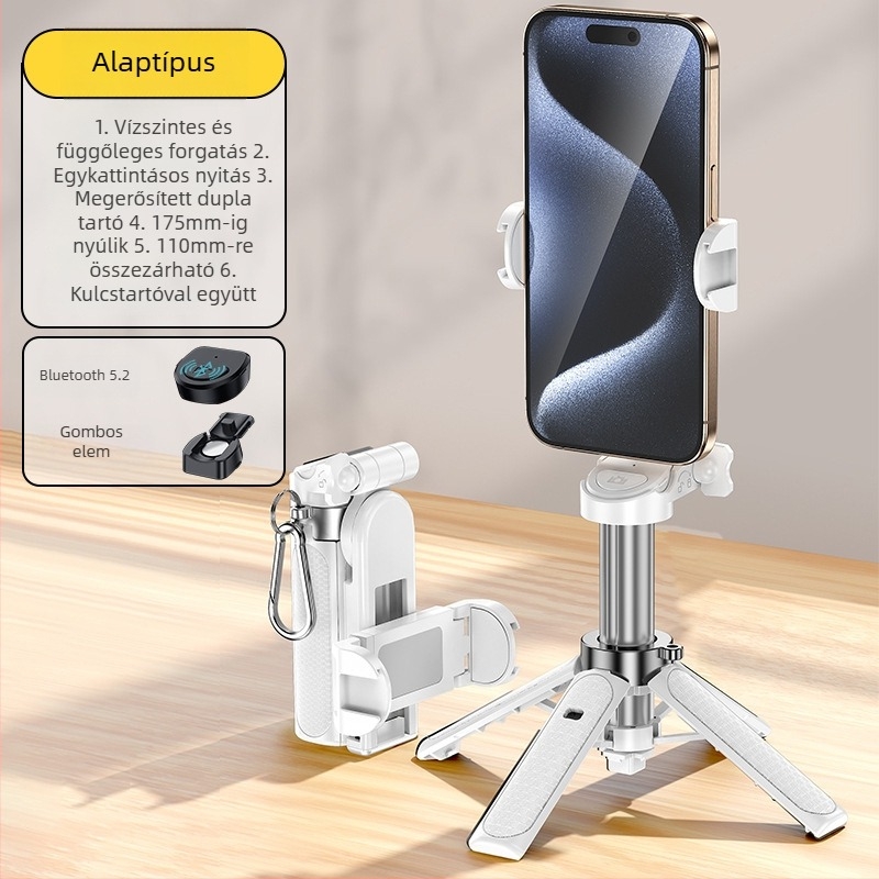 Selfie bot háromlábú állvánnyal, visszahúzható, Bluetooth, távirányítóval, ötvözetből készült, hordozható