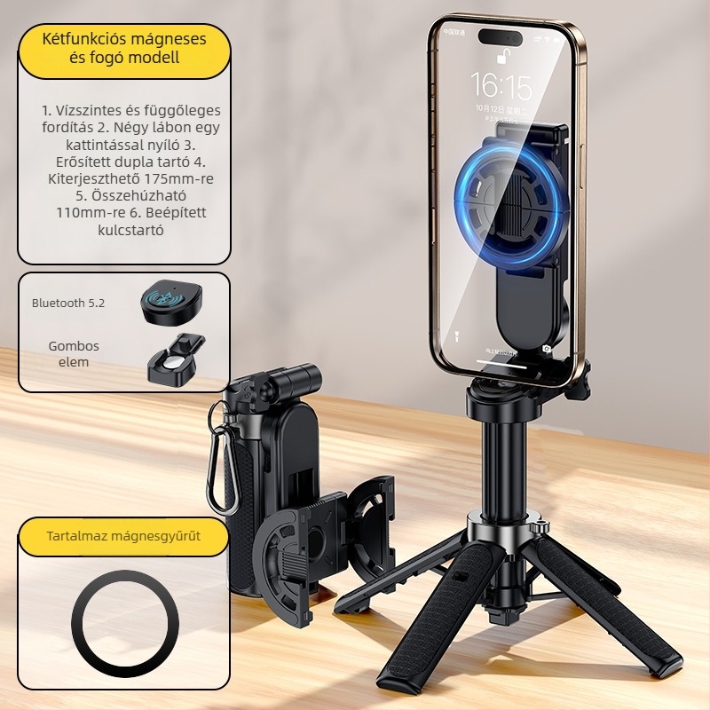 Selfie bot háromlábú állvánnyal, visszahúzható, Bluetooth, távirányítóval, ötvözetből készült, hordozható