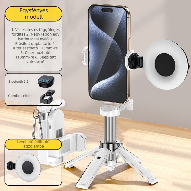 Selfie bot háromlábú állvánnyal, visszahúzható, Bluetooth, távirányítóval, ötvözetből készült, hordozható