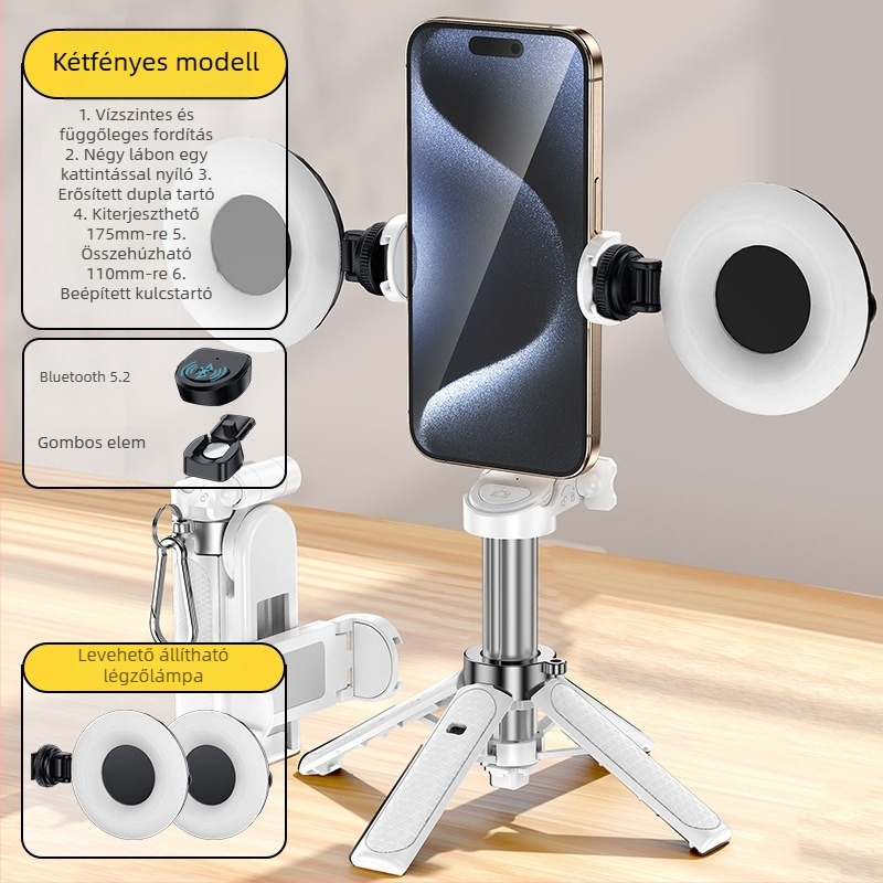 Selfie bot háromlábú állvánnyal, visszahúzható, Bluetooth, távirányítóval, ötvözetből készült, hordozható