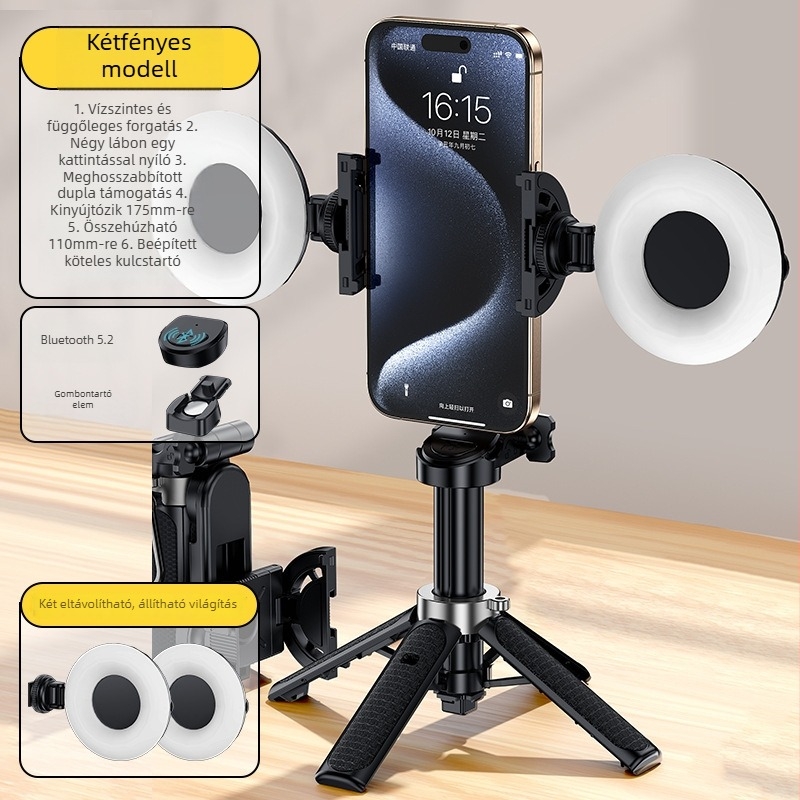 Selfie bot háromlábú állvánnyal, visszahúzható, Bluetooth, távirányítóval, ötvözetből készült, hordozható