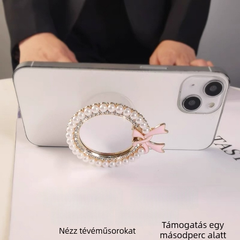 Fémes mobiltelefon-smink-tartó gyöngyház tükrös felülettel, nőies dizájn, kreatív korona és gyűrű-zár, hátlapi támasz
