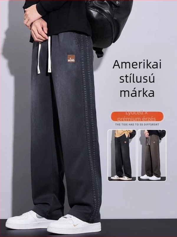 Férfiaknak széles lábú, egyenes szabású nadrág, magas derék, hosszú, poliészter anyag