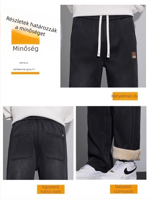 Férfiaknak széles lábú, egyenes szabású nadrág, magas derék, hosszú, poliészter anyag