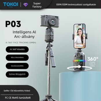 Okostelefonhoz készült gimbal AI arcfelismeréses követéssel, 360° asztali tartó, univerzális telefonkompatibilitás, alkalmazás nélkül, tömeg 248 g, Tokqi/Tuoyi P03
