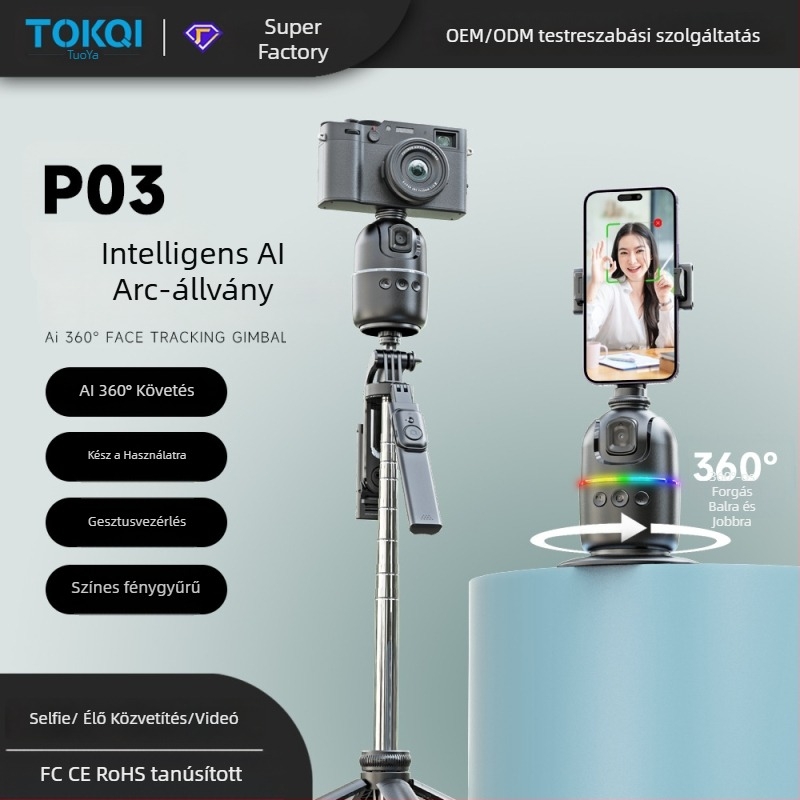 Okostelefonhoz készült gimbal AI arcfelismeréses követéssel, 360° asztali tartó, univerzális telefonkompatibilitás, alkalmazás nélkül, tömeg 248 g, Tokqi/Tuoyi P03