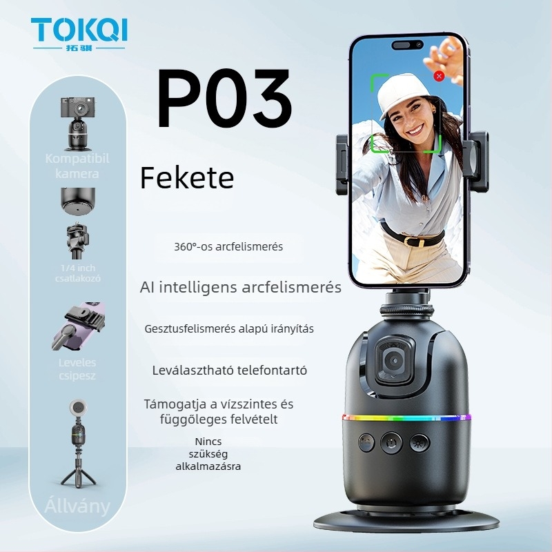Okostelefonhoz készült gimbal AI arcfelismeréses követéssel, 360° asztali tartó, univerzális telefonkompatibilitás, alkalmazás nélkül, tömeg 248 g, Tokqi/Tuoyi P03