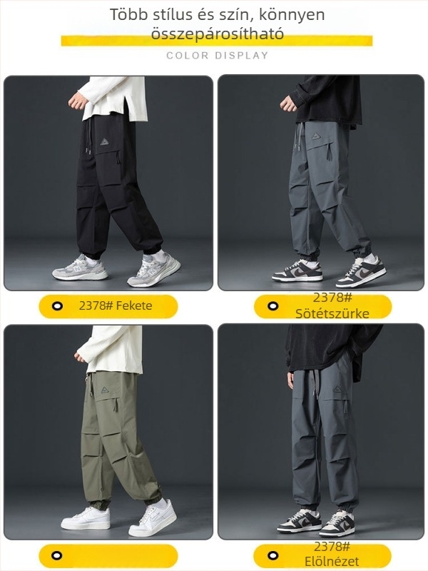 Férfi fleecessel bélelt nadrág, koreai stílusú, laza szabás boka körüli kötődéssel, középmagas derék, 100% poliészter fleece anyag, téli mindennapi nadrág
