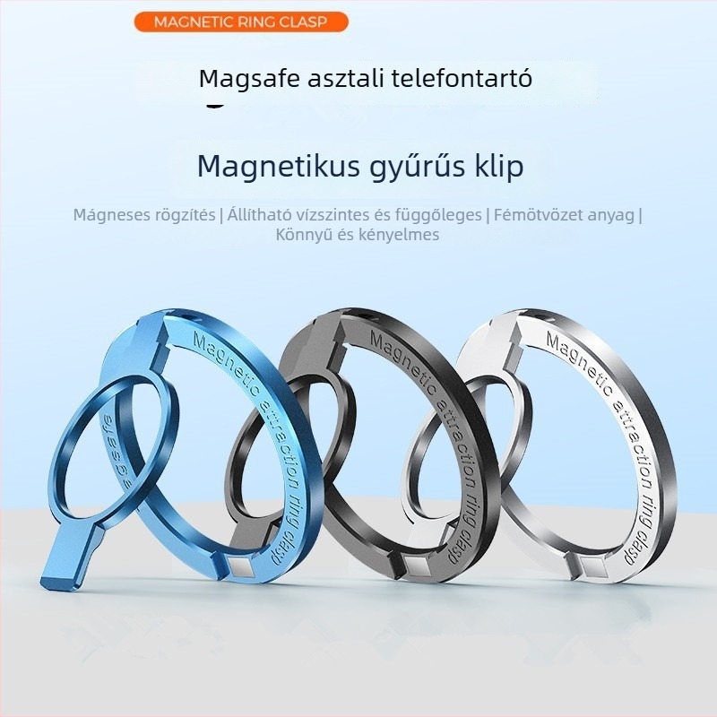 Gyűrűs telefon tartó – 360° forgatható, összecsukható, fém asztali tartó, MagSafe mágneses csatlakozás