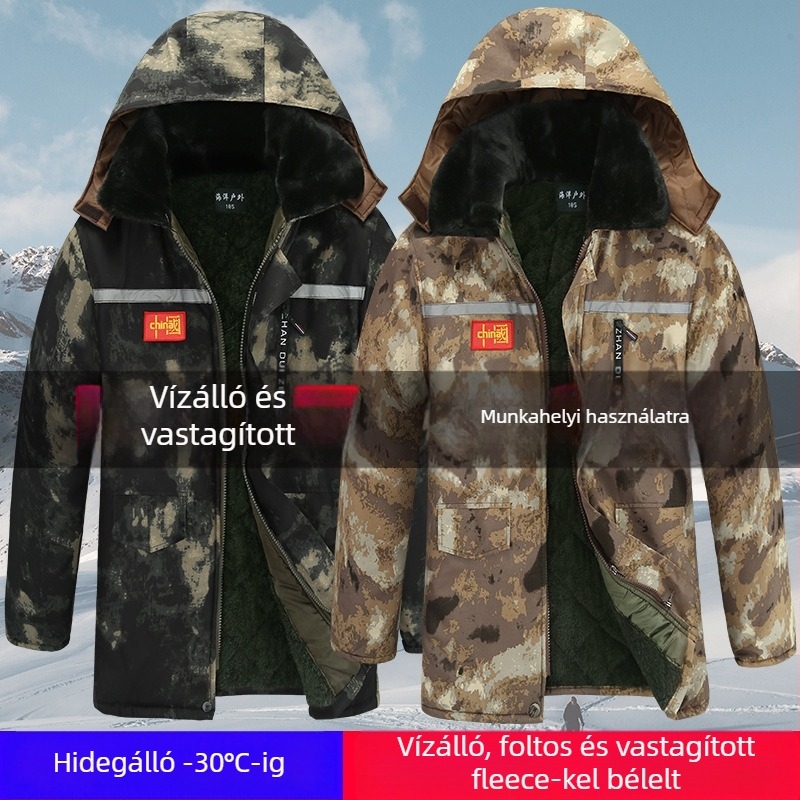 Férfi pamut tömött kabát kamuflázs mintával, téli melegen tartó, vízálló és szélálló, fleece bélés, középhosszú