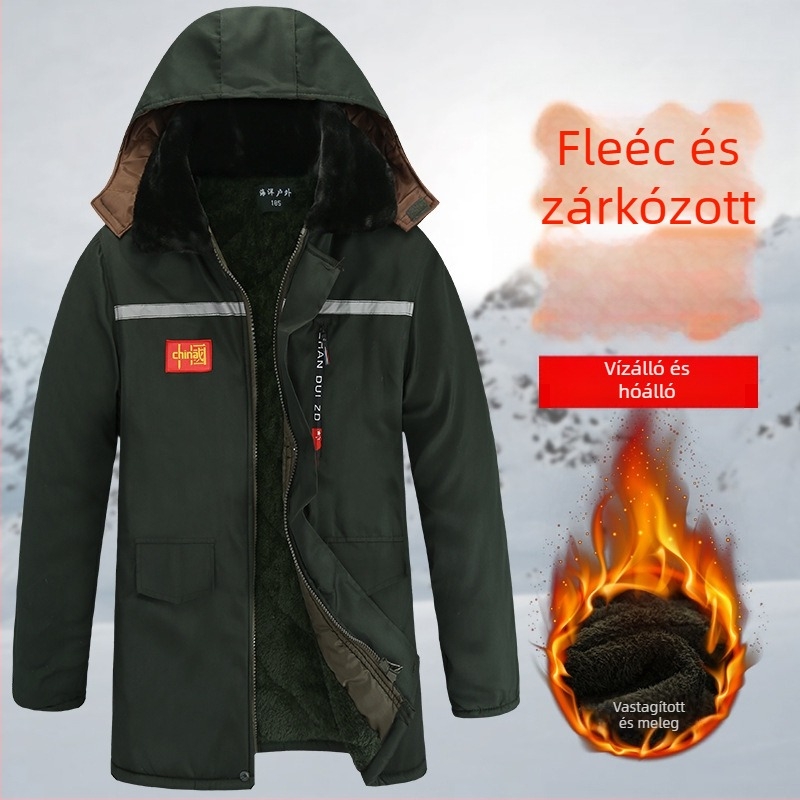 Férfi pamut tömött kabát kamuflázs mintával, téli melegen tartó, vízálló és szélálló, fleece bélés, középhosszú