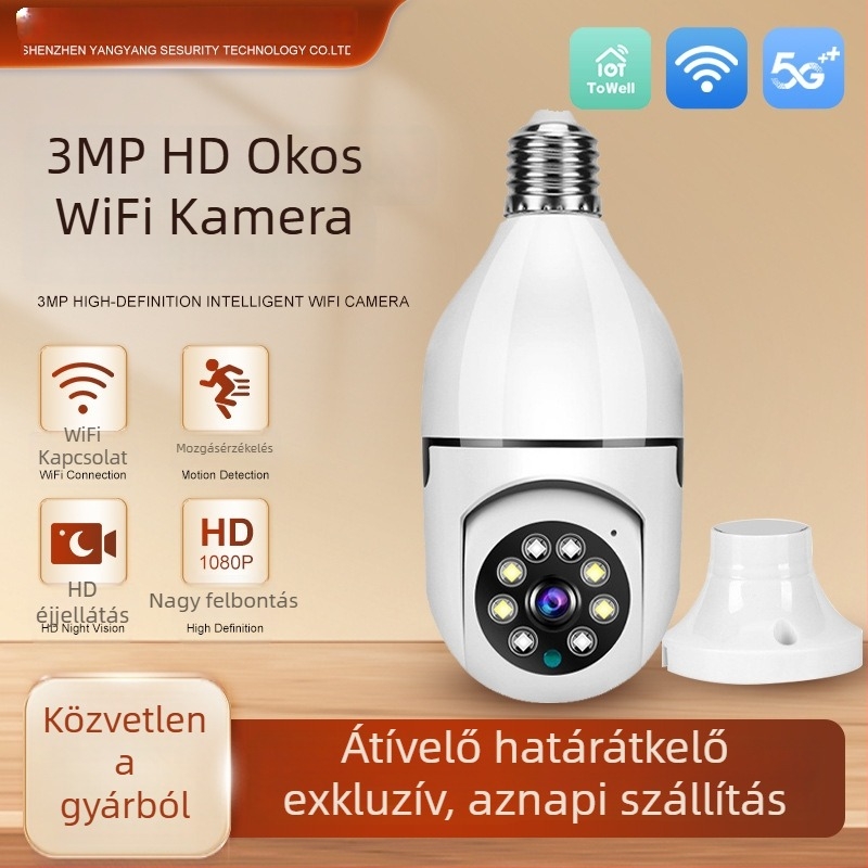 Vezeték nélküli izzó-stílusú kamera, 1080p, 3,6 mm objektív, éjjellátás IR 20 m-ig, tápellátás 110-240V