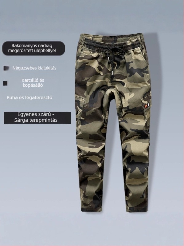 Kamuflált munkanadrág tavasz–őszre, megerősített ágyékkal, strapabíró pamutból, elasztikus derékkal, szűk egyenes szár, több zseb