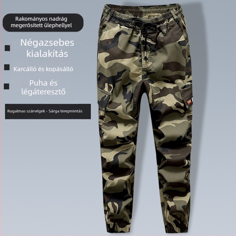 Kamuflált munkanadrág tavasz–őszre, megerősített ágyékkal, strapabíró pamutból, elasztikus derékkal, szűk egyenes szár, több zseb