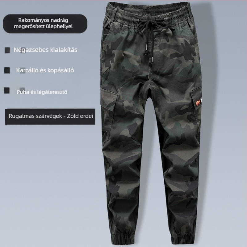 Kamuflált munkanadrág tavasz–őszre, megerősített ágyékkal, strapabíró pamutból, elasztikus derékkal, szűk egyenes szár, több zseb