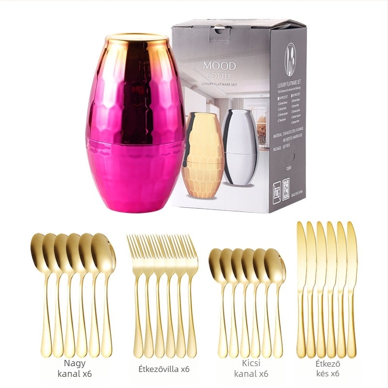 24 darabos rozsdamentes acél étkészlet – kés, villa és kanál; 410-es rozsdamentes acél, hemp kerék polírozás, modern egyszerű stílus