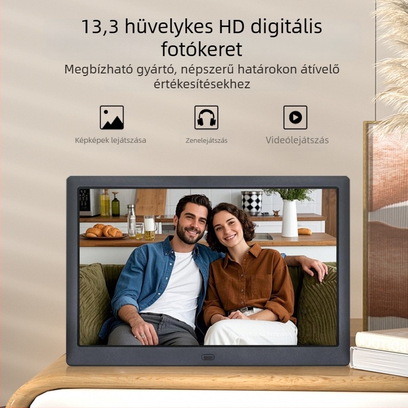 HD digitális fotókeret videó- és zenelejátszással, 1280x800 felbontás, JPEG-támogatás, SD/USB/MMC, ABS ház