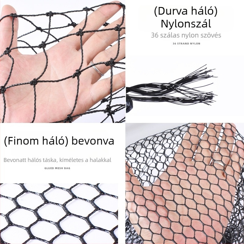 Óriási alumínium ötvözetű horgászháló, sűrű szövésű háló, fej Ø50/60/70 cm, háló mélysége 75–115 cm, vastag szemek, terhelhetőség 1,0–15 kg