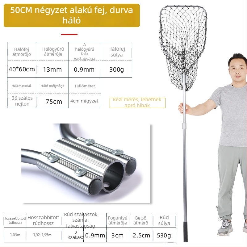 Óriási alumínium ötvözetű horgászháló, sűrű szövésű háló, fej Ø50/60/70 cm, háló mélysége 75–115 cm, vastag szemek, terhelhetőség 1,0–15 kg
