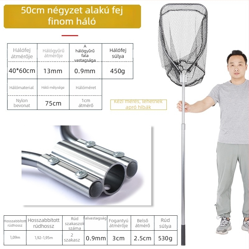 Óriási alumínium ötvözetű horgászháló, sűrű szövésű háló, fej Ø50/60/70 cm, háló mélysége 75–115 cm, vastag szemek, terhelhetőség 1,0–15 kg