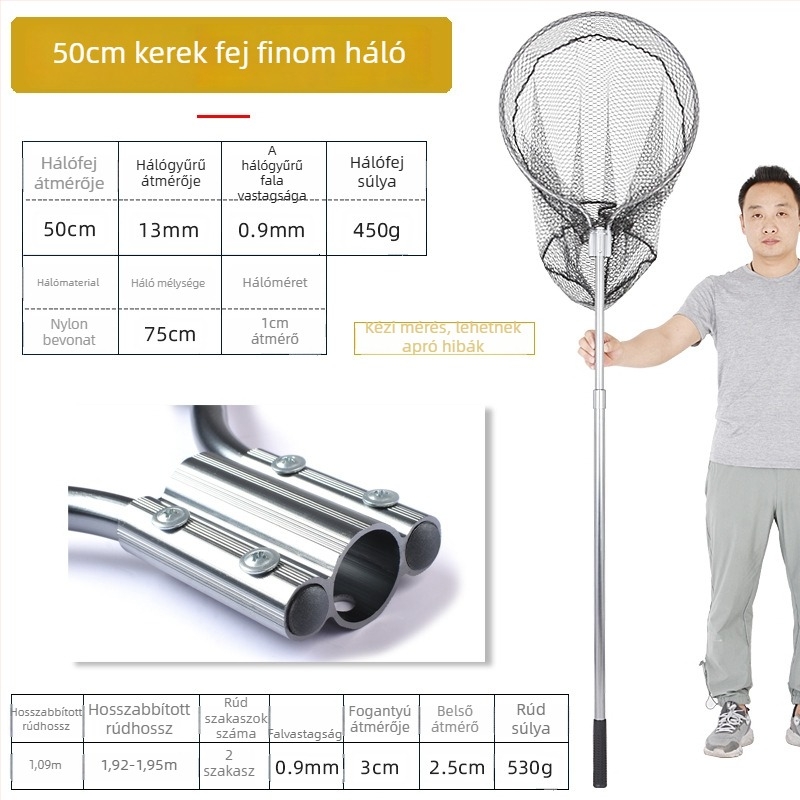Óriási alumínium ötvözetű horgászháló, sűrű szövésű háló, fej Ø50/60/70 cm, háló mélysége 75–115 cm, vastag szemek, terhelhetőség 1,0–15 kg