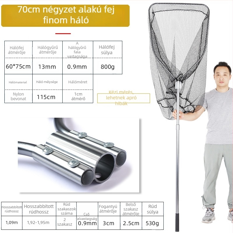 Óriási alumínium ötvözetű horgászháló, sűrű szövésű háló, fej Ø50/60/70 cm, háló mélysége 75–115 cm, vastag szemek, terhelhetőség 1,0–15 kg