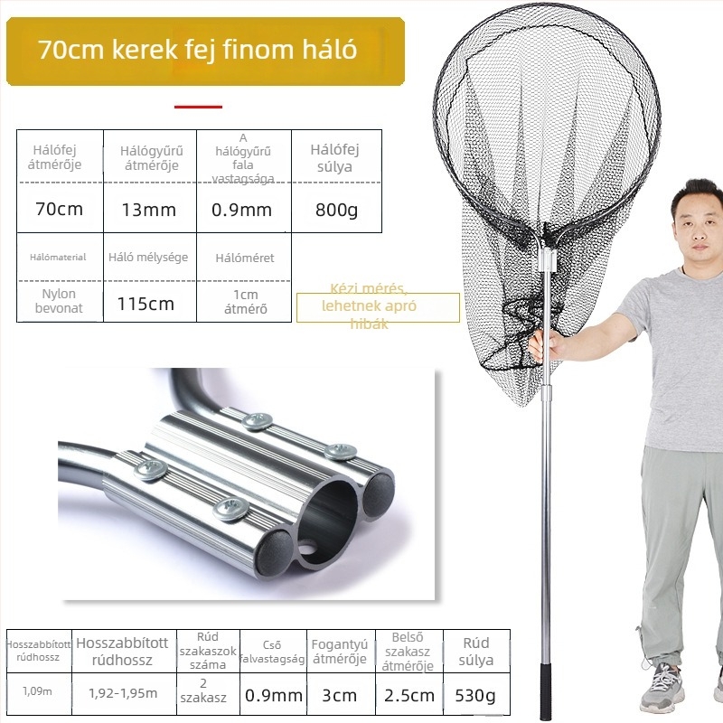 Óriási alumínium ötvözetű horgászháló, sűrű szövésű háló, fej Ø50/60/70 cm, háló mélysége 75–115 cm, vastag szemek, terhelhetőség 1,0–15 kg