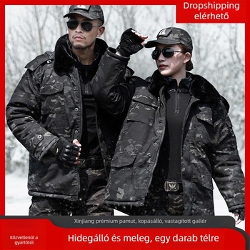 Téli terepmintás pamut kabát, kettős rétegű vastag bélés, meleg, levehető