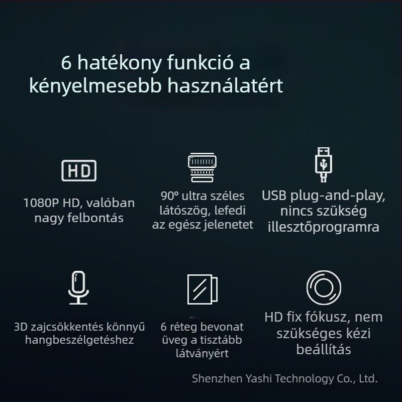 Anzhijia A30 USB webkamera, 1080p HD videó, beépített mikrofon, 2 MP szenzor, USB 2.0, fix fókusz