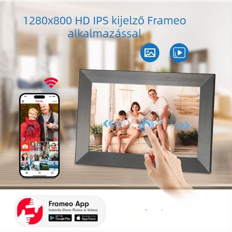 Digitális fotókeret érintőképernyővel, Wi-Fi, 16GB tárhely, 1280×800 felbontás, SD/USB kártya támogatás