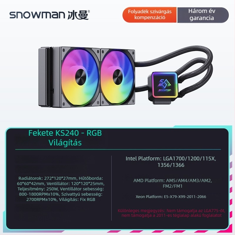 Snowman KS240 vízhűtéses CPU hűtő radiátor, 240 mm, csendes hőmérséklet-vezérlés