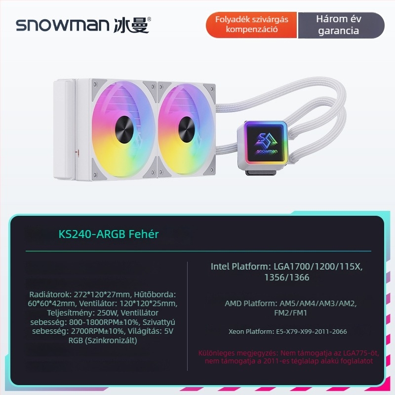 Snowman KS240 vízhűtéses CPU hűtő radiátor, 240 mm, csendes hőmérséklet-vezérlés