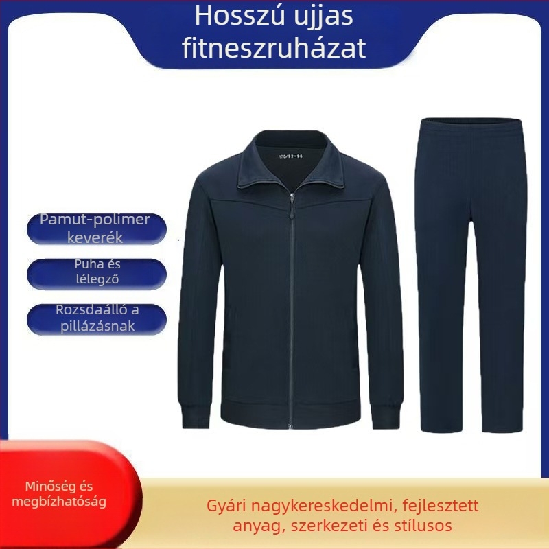 Uniszex hosszú ujjú edző szett, lazább szabás, pamut-keverék anyag, gyorsan szárad, légáteresztő