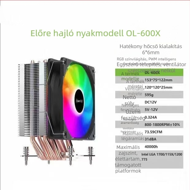 CPU hűtő, magnézium-alumínium ötvözetből, 6 hőcső, levegőhűtés, 1350±10% fordulat/perc