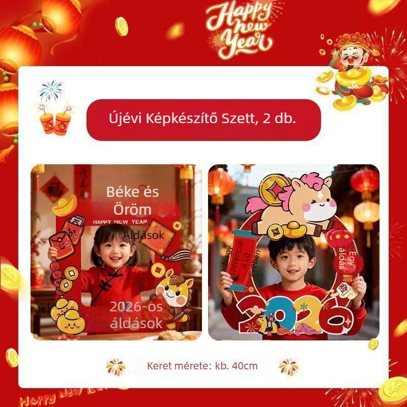 KT tábla kézi fotókeret rekvizít – Újév 2026, A ló éve, óvodai hangulatú háttérpanel